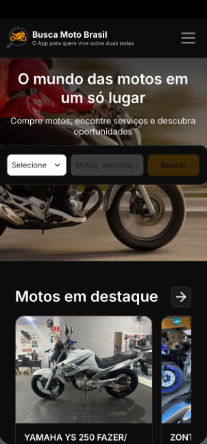 Tela inicial do aplicativo Busca Moto Brasil com motos em destaque